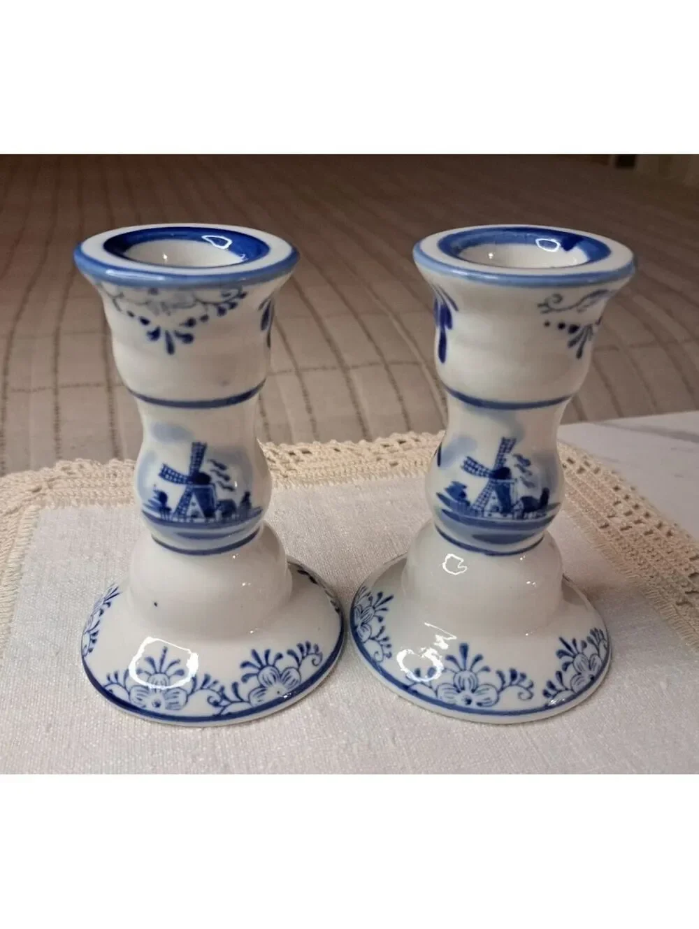 Vintage Set of 2 Blue & White Dutch Delft Style Ceramic Candle Holders